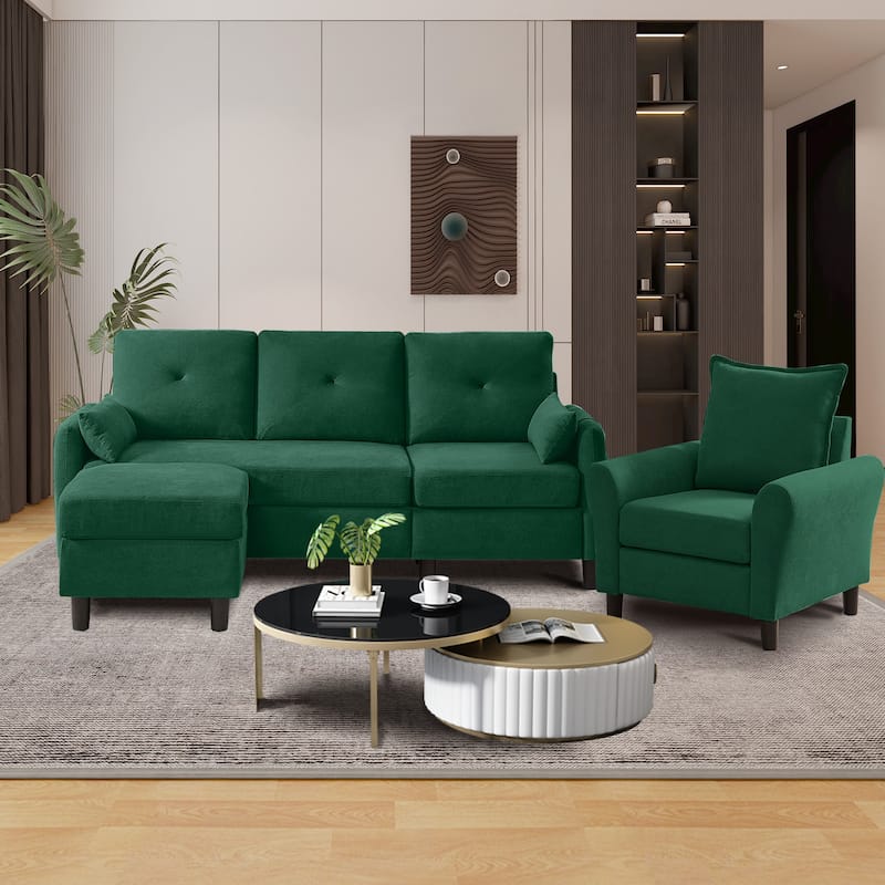 3-Pieces Sectional Sofa Set with Ottoman and Chair - Green