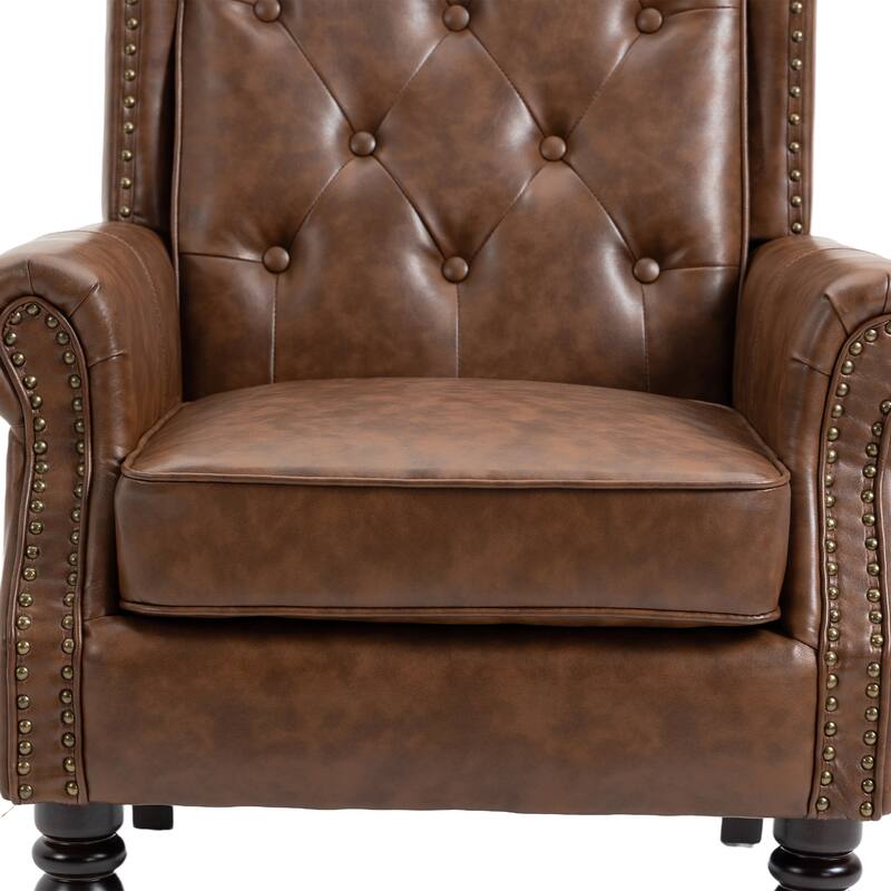 PU Leather Upholstered Accent Chair, Button Tufted Wingback Armchair, Leisure Reading Chair with Solid Wood Legs
