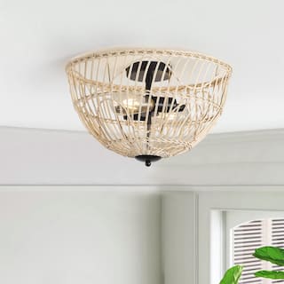 Farmhouse 2-Light Semi Flush Mount Close to Ceiling Light with Rattan Woven Shade