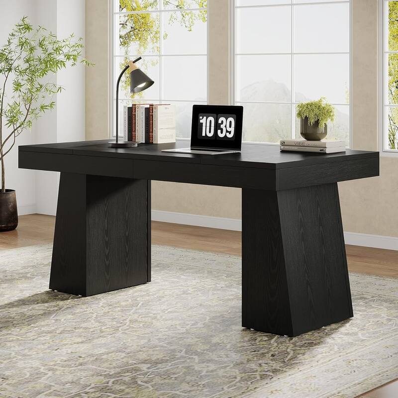 55" Executive Desk, Office Desk with Double Pedestal for Home Office - Black