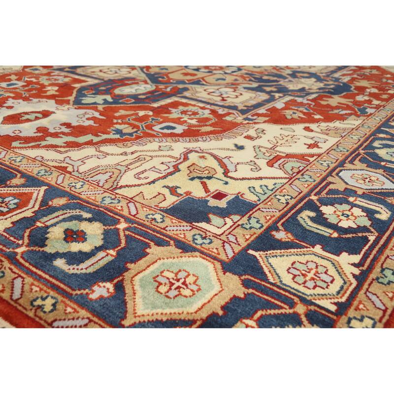 Geometric Heriz Serapi Indian Handmade Wool Carpet - 9'9" x 13'7" - 9'9" x 13'7" - Orange