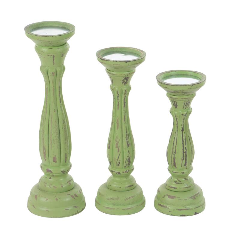 Gray, Green, Brown or Blue Wooden Distressed Turned Decorative Candle Holder (Set of 3)