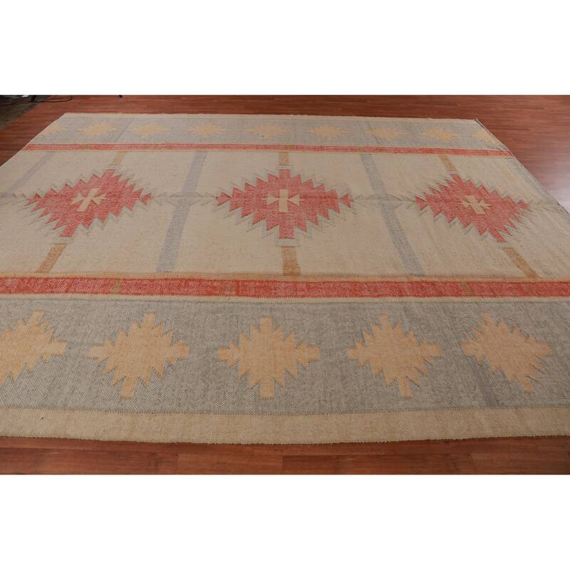 Hand Woven Oriental 100% Jute Carpet Southwestern Modern Beige & Ivories Kilim Area Rug - 13' 3'' X 10' 8''