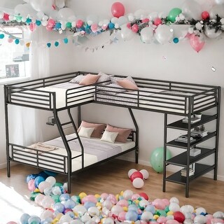 Twin over Full Size L-Shaped Metal Bunk Bed and Twin Size Loft Bed with Four Built-in Shelves,Space Saving,Black