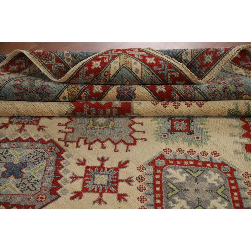 Hand Knotted Oriental 100% Wool Carpet Traditional Geometric Beige & Ivories Kazak Area Rug - 12' 0'' X 9' 1''