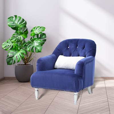 Jeweled Tufted Upholstered Velvet Accent Chair with Throw Pillow - 37" - Blue