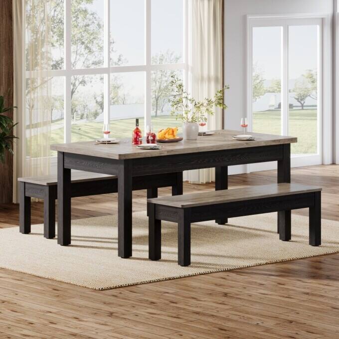 Farmhouse Dining Table Set for 4-6, Kitchen Table with 2 Benches