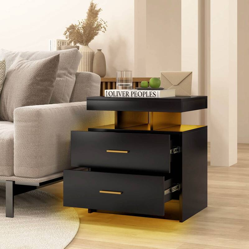 Costway LED Nightstand Set of 1/2 with 2 Storage Drawers Adjustable