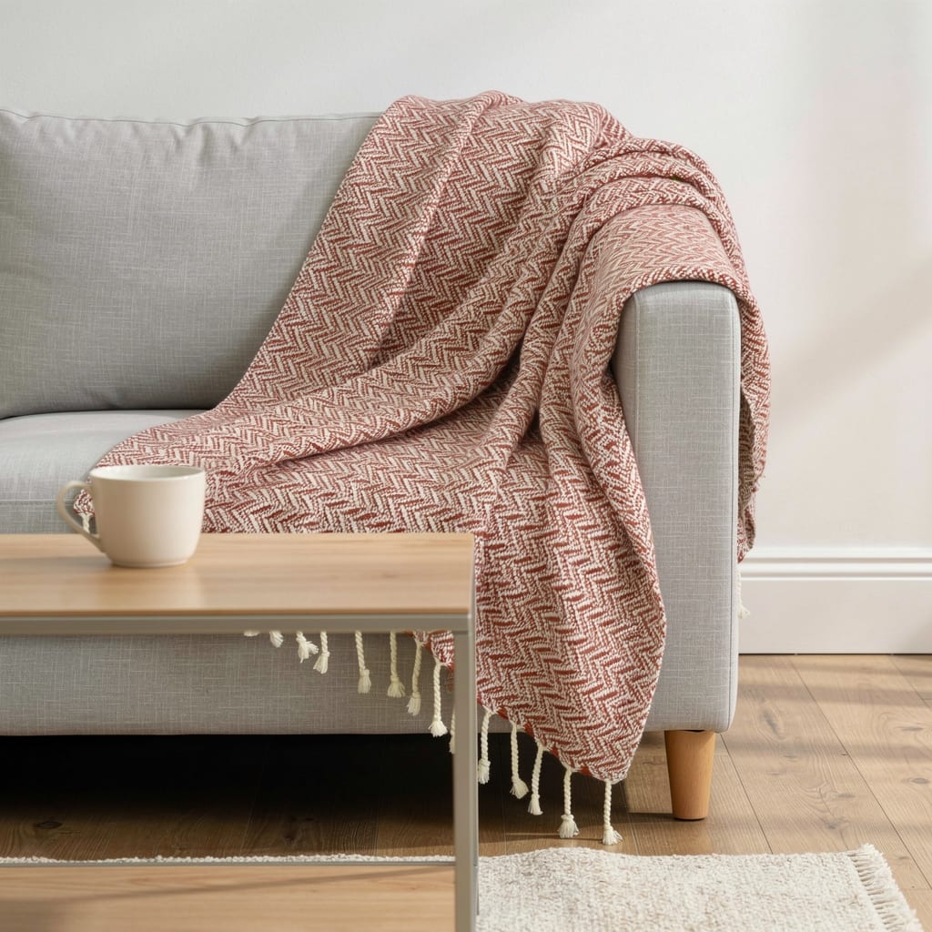 HomeRoots 50" X 60" Red Cotton Woven Chevron Throw Blanket with Fringe