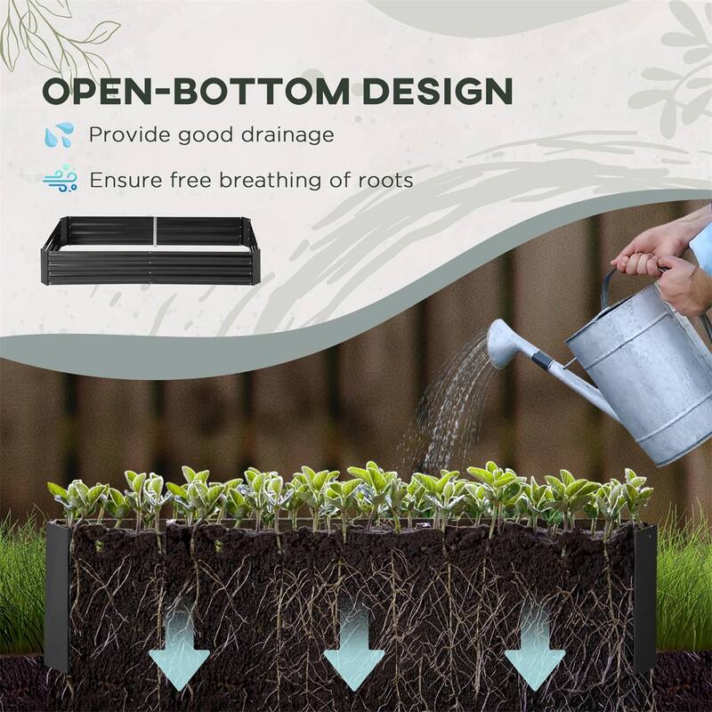 Black Steel Raised Garden Planter with Tomato Cages and Drainage - 70.75" L x 35.5" W x 11.5" H