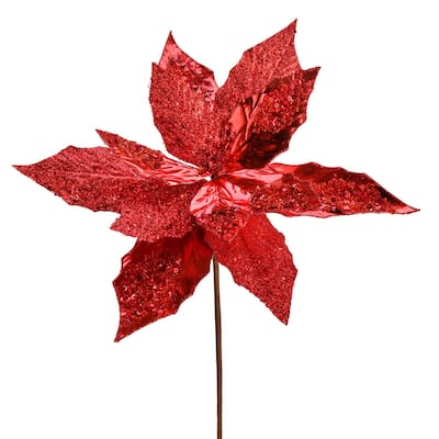 Vickerman 13" x 22" Red Poinsettia Sequin Artificial Christmas Spray. Includes 6 sprays per pack.