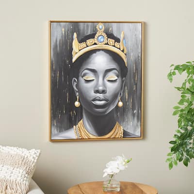 Black Polystone Shaded Woman Living Room Framed Wall Art with Blue Crown and Gold Foil Accents