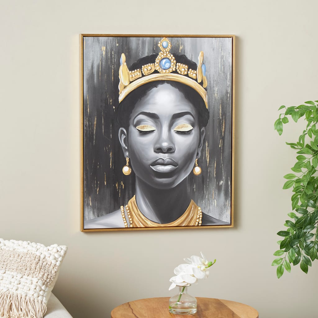 Black Polystone Shaded Woman Living Room Framed Wall Art with Blue Crown and Gold Foil Accents