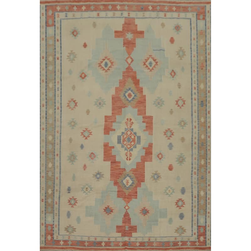 Hand Woven Southwestern Wool Beige Geometric Area Rug - 12' 9'' X 9' 9''
