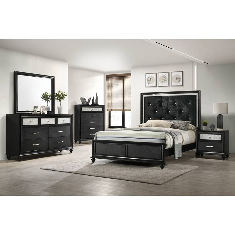 Queen Size Fabric Panel Bed with Diamond Tufted Headboard and Crystal Accents