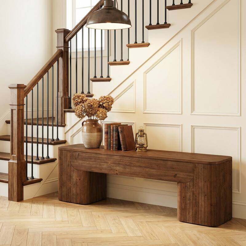 59" Solid Wood Bench, Rustic Heavy Duty Entryway Bench