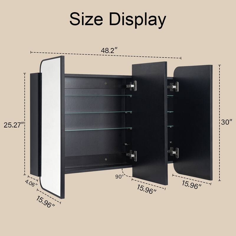 TEHOME Triple Door Bathroom Medicine Cabinet with Mirror, Soft Close, Adjustable Glass Shelves, Fully Assembled