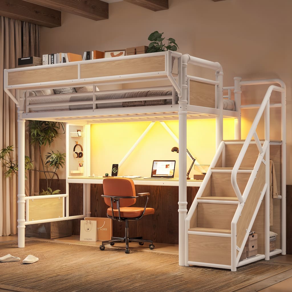 Industrial Metal Loft Bed with Built-in Desk, Power Outlet, LED Lights and Storage Stairs by GDFStudio