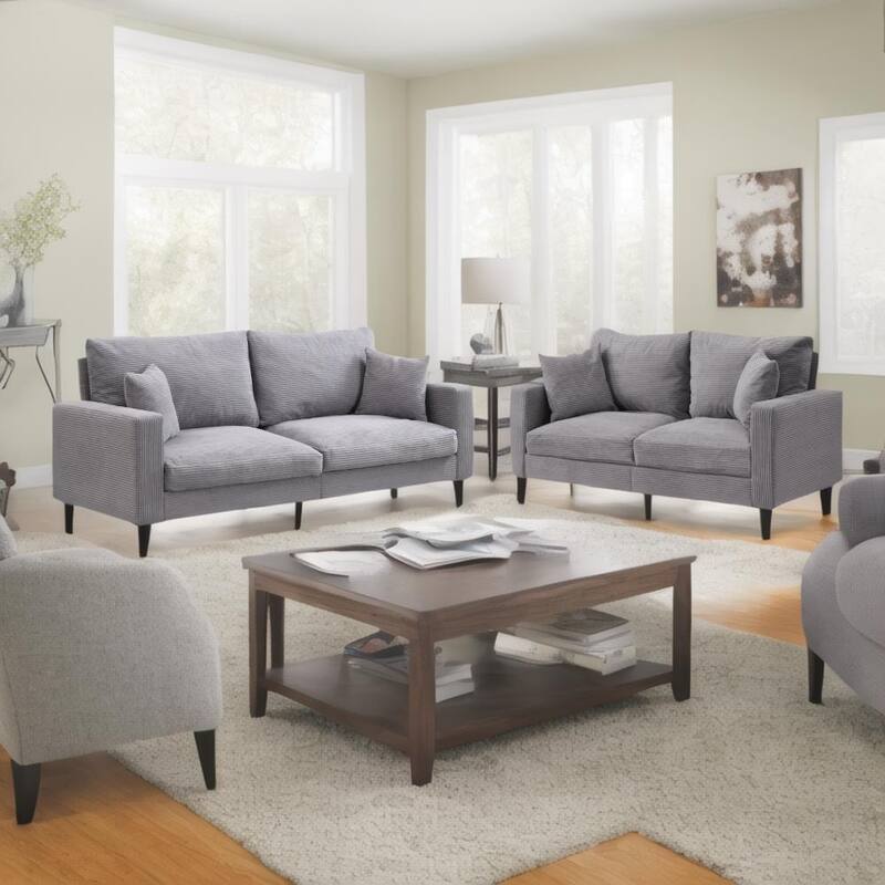 5-Seat Corduroy Sofa Set (3+2) with Sponge Cushions & Hardwood Frame - LIGHT GREY