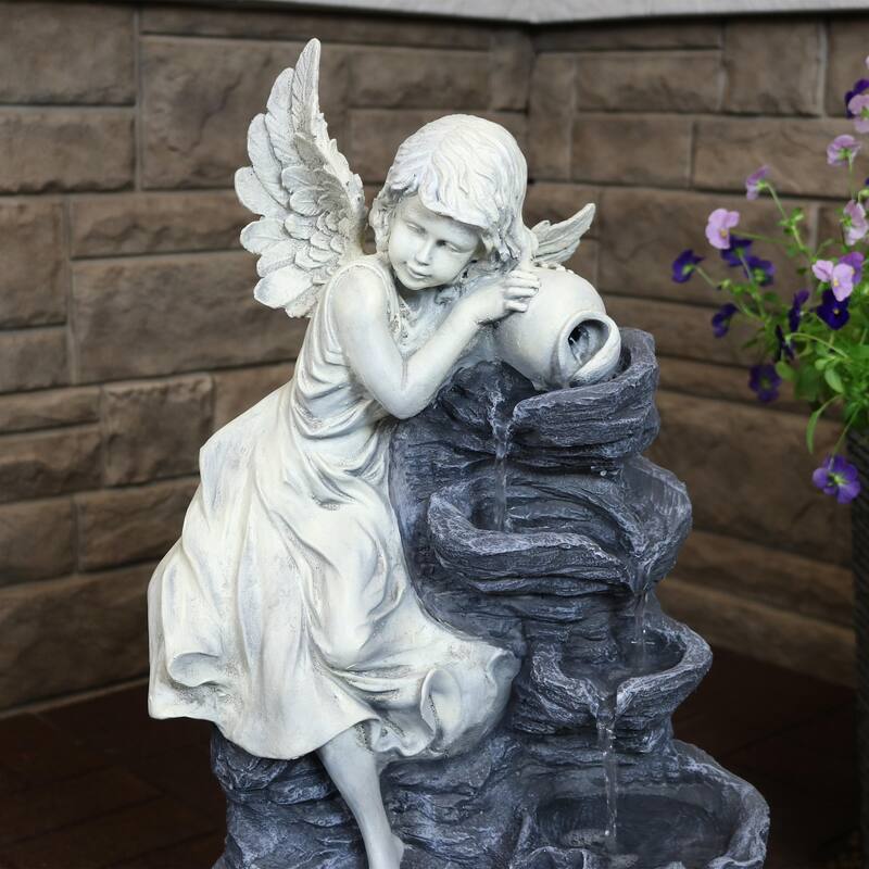 Sunnydaze Angel Falls Solar Outdoor Water Fountain w/ Battery 29" with LED Light