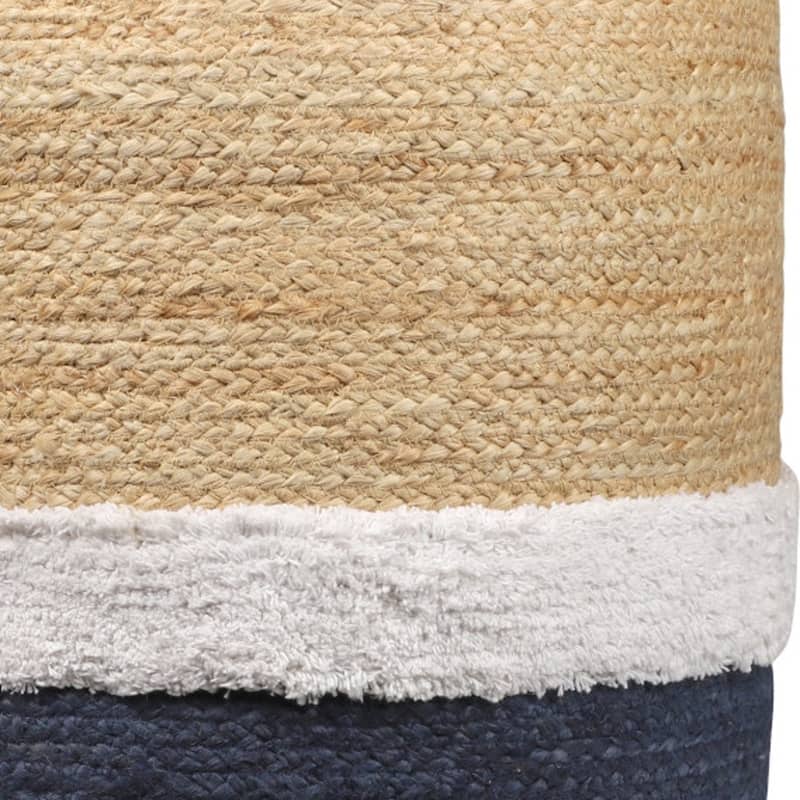 HomeRoots 18" Natural And Navy Blue Jute Blend Cylinder Striped Pouf Ottoman