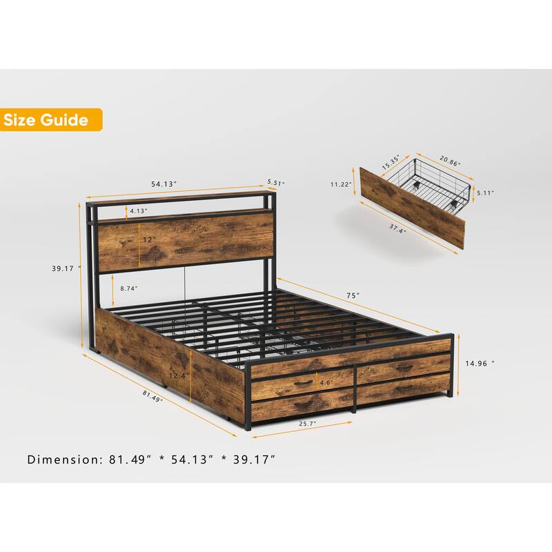 Metal Bed Frame Platform Bed Frame with 8 Storage Drawers, LED Headboard with Charging Station, No Box Spring Needed, Noise-Free