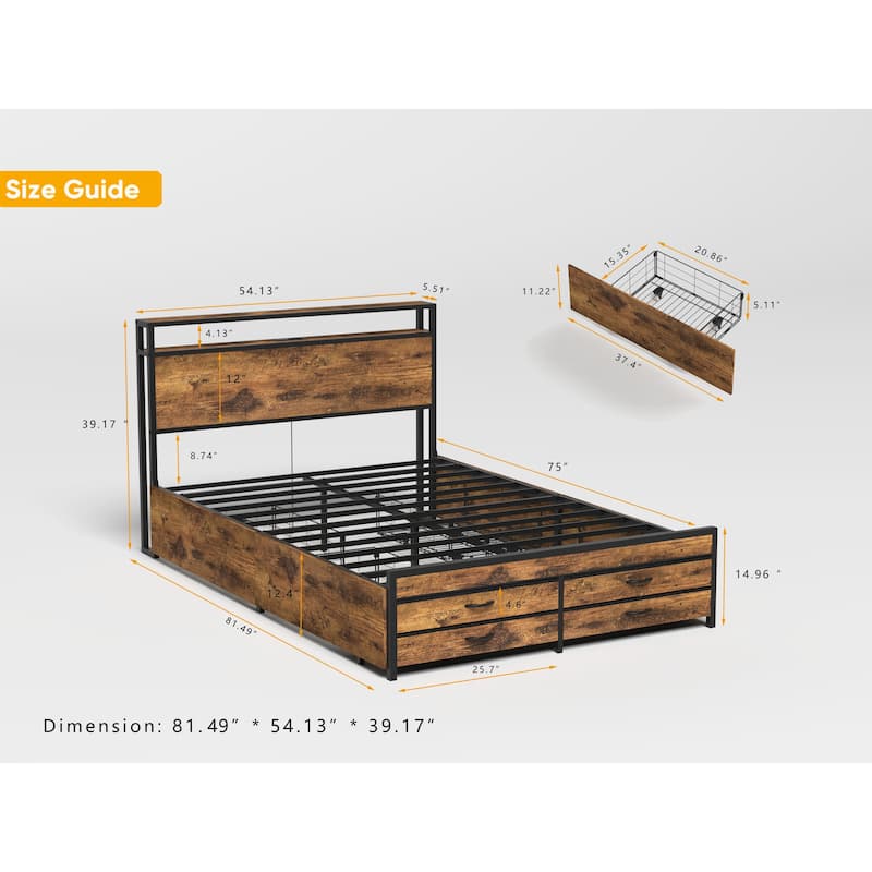 Queen Bed Frame with 8 Storage Drawers, LED Headboard with Charging Station, Metal Platform Frame, No Box Spring Needed