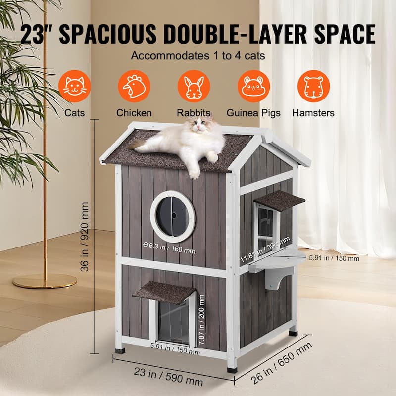 Outdoor Cat House Weatherproof, Feral Cat Shelter for Multiple Cats, Outdoor Wooden Cat House with Doors