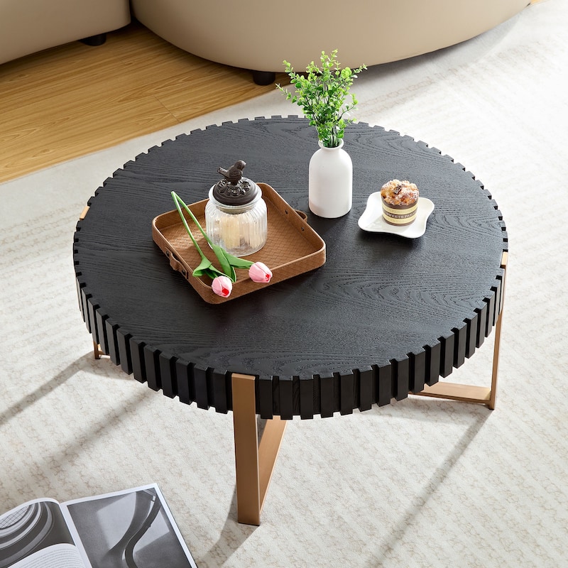 Modern Handmade Drum Shaped Coffee Table Round Coffee Table with Stainless Steel Base, for Living Room, Black