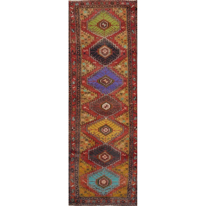 Hand Knotted Oriental 100% Wool Carpet Traditional Geometric Multi-Colored Heriz Runner Rug - 10' 6'' X 3' 2''