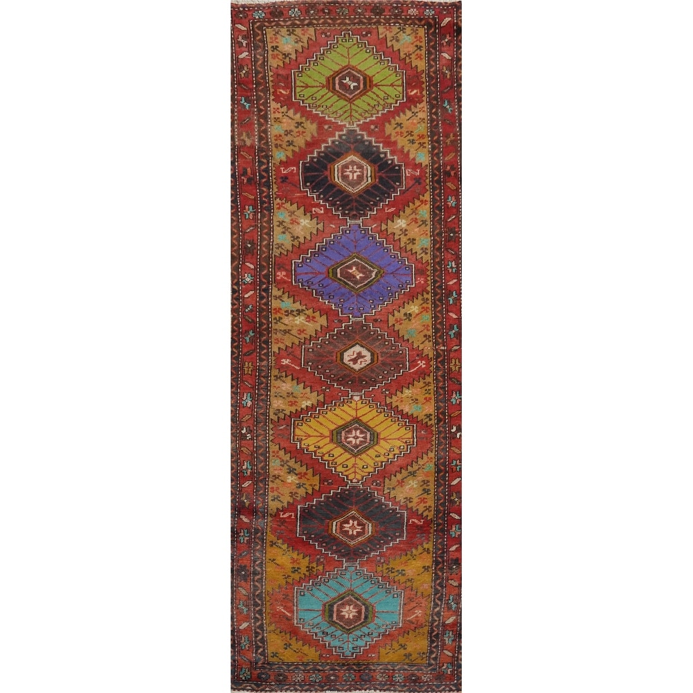 Hand Knotted Oriental 100% Wool Carpet Traditional Geometric Multi-Colored Heriz Runner Rug - 10' 6'' X 3' 2''