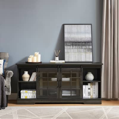 Multipurpose TV Stand, Console Table with 2 Sliding Fluted Glass Tempered Doors, Entertainment Center with Open Shelves