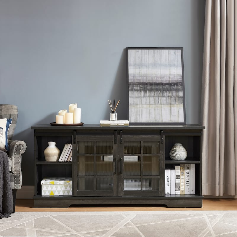 TV Stand for TVs up to 65'' with Sliding Door, Fluted Glass, Adjustable Shelves, Large Storage Cabinet and Cable Management