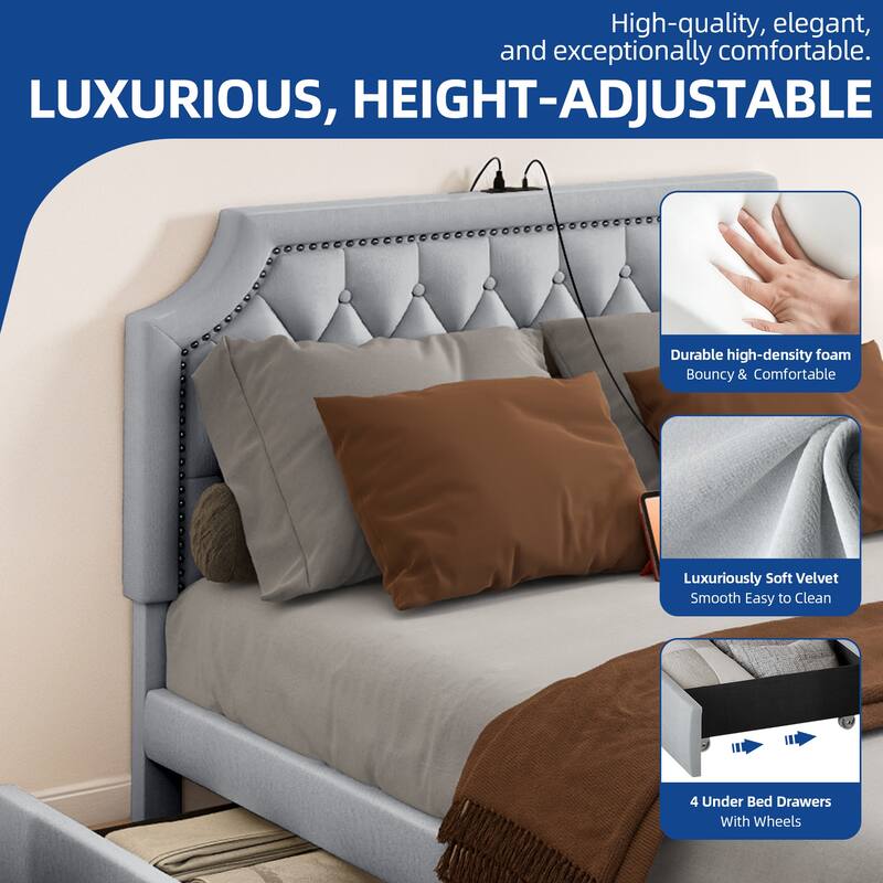 Moasis Velvet/Linen Upholstered Bedframe with Adjustable Headboard and 4 Storage Drawers
