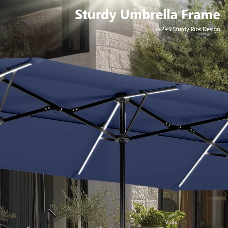 MAISON ARTS 13ft Double-Sided Outdoor Umbrella, 2-Tier Vented Market Umbrella with Colored Lights and Base