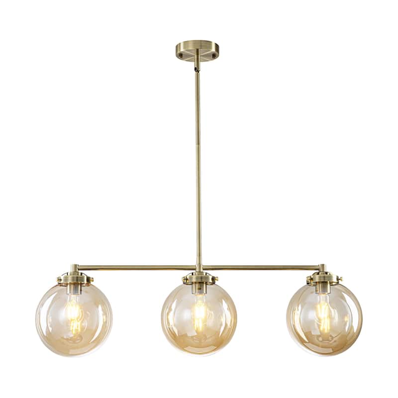 3-Light 33.46" Modern Gold & Antique Bronze Amber Glass Globe Linear Pendant - 33.46" W × 10.24" H × 7.87" D