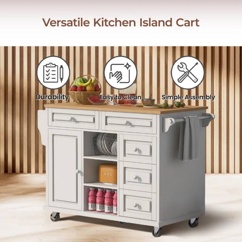 Kitchen Island Cart with Solid Wood Table Top & Storage with
