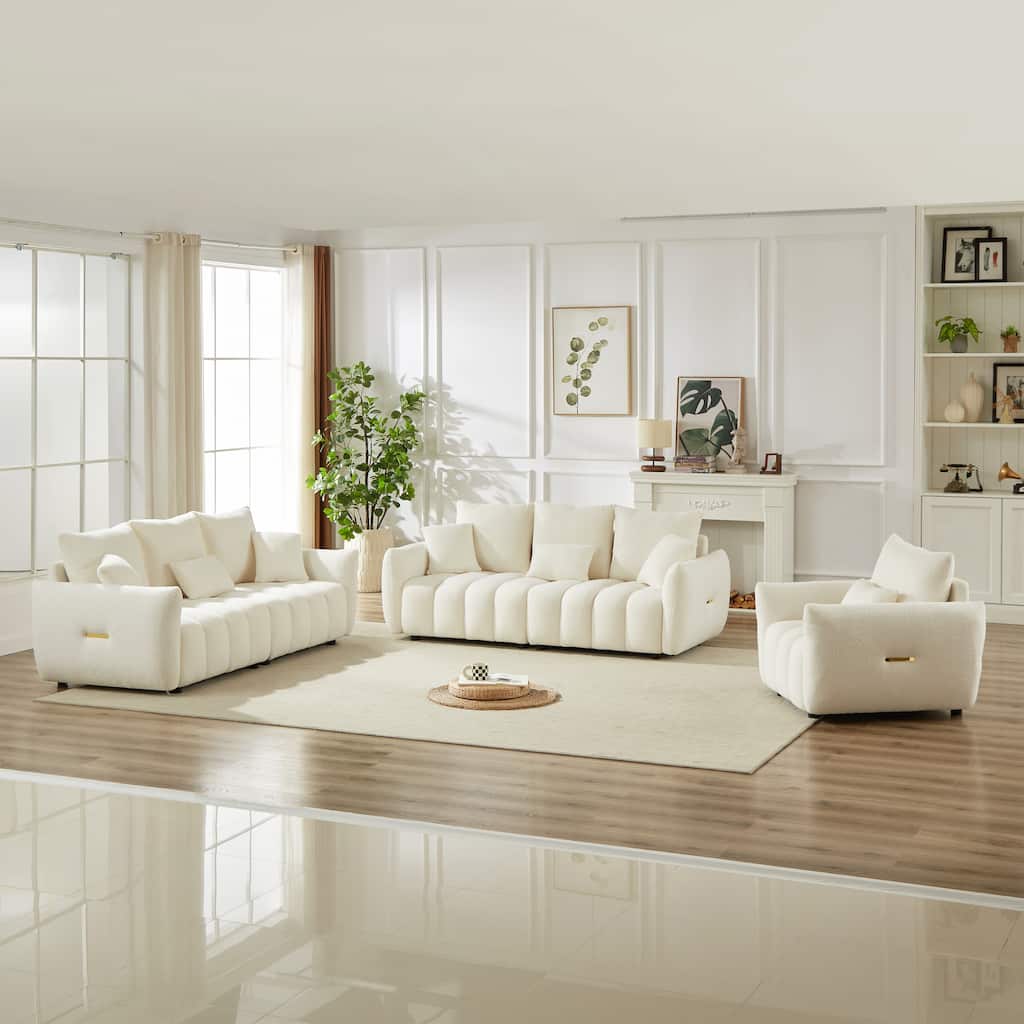 Modern Living Room Teddy Fabric Sofas Set, 1+3+3 Seater Couches