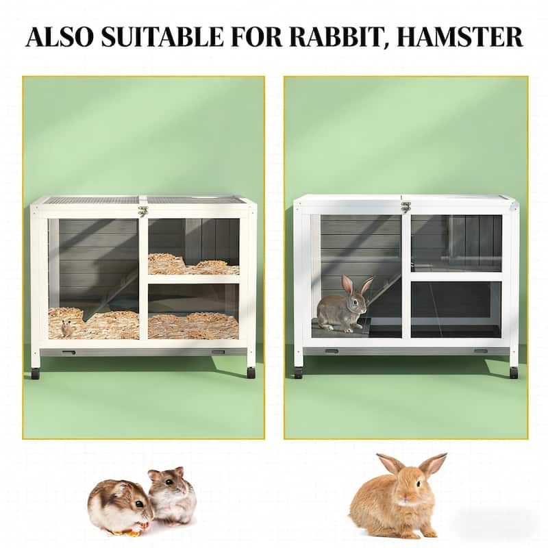 Bunny Cage with Wheels,Small Rabbit Hutch,Spacious Pet House is designed for convenient cleaning - Gray,White