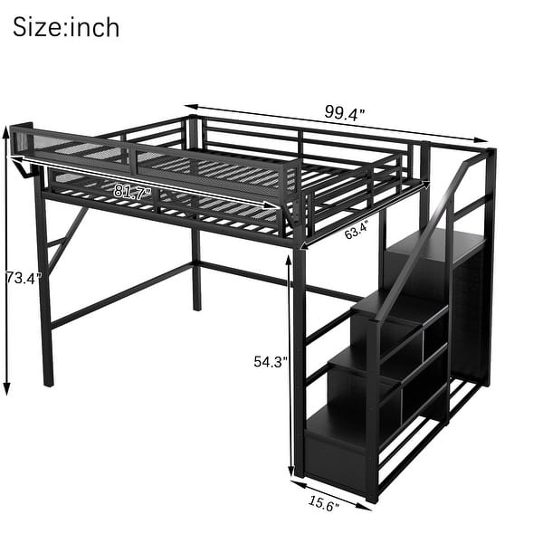 dimension image slide 9 of 10, Metal Loft Bed with Wooden Stairs Built-in Storage Shelves and Wardrobe, High Loft Bed Frame with Side Grid Storage Rack
