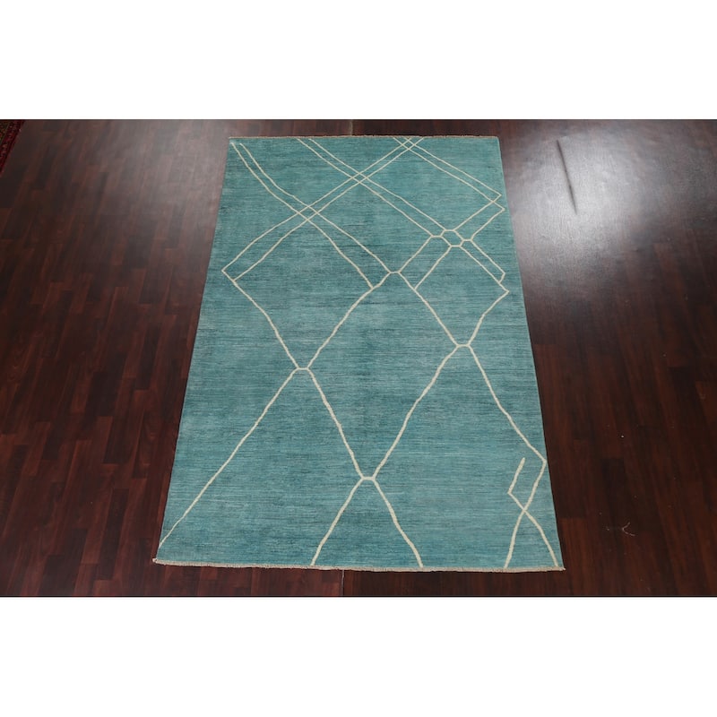 Turquoise Moroccan Vegetable Dye Oriental Wool Area Rug Hand-knotted - 6'4" x 9'8"