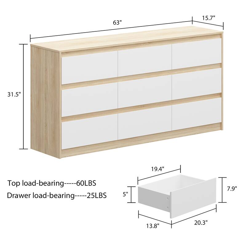 63" Modern 9-Drawer Dresser for Bedroom, Wide White Chest of Drawers, Large Storage Cabinet for Clothes Organization
