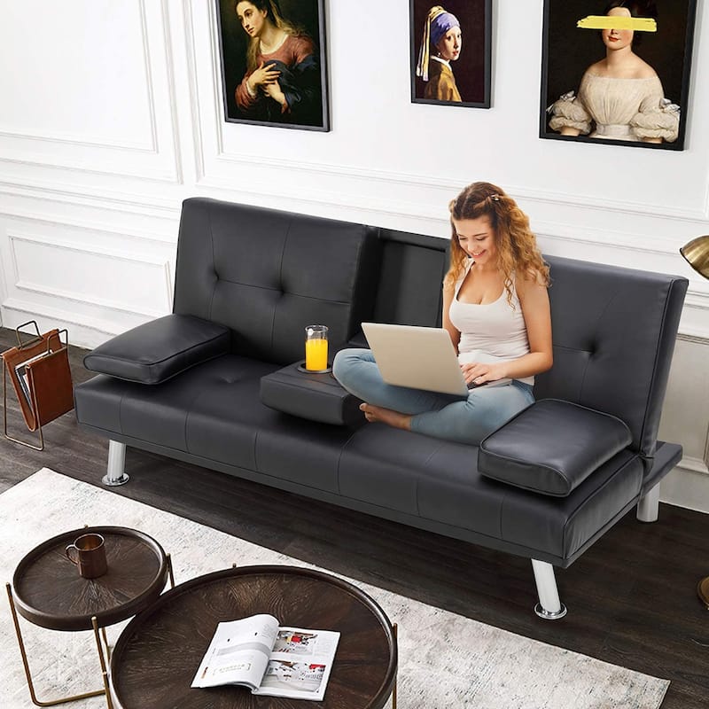Futzca Modern Faux Leather Couch, Convertible Futon Sofa Bed for Living Room(Black)