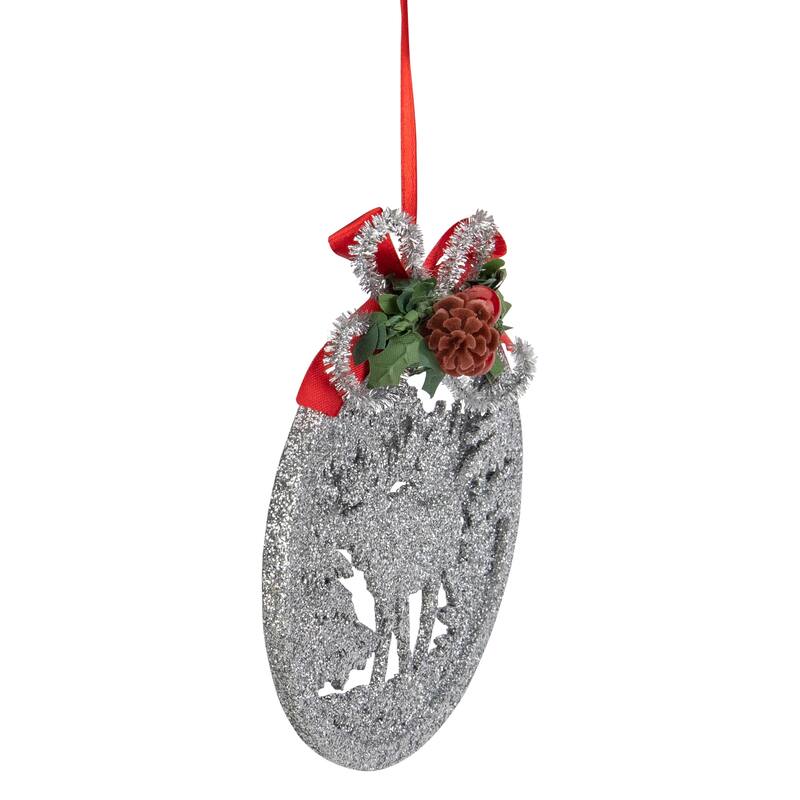 4.25" Silver Glitter Moose 2-D Cut-Out Silhouette Christmas Ornament