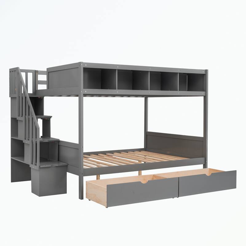 Twin over Full Bunk Bed with Shelfs, Storage Staircase and 2 Drawers - Grey