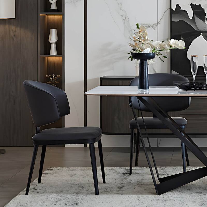 Modern Rectangular Sintered Stone Dining Table - Unique Natural Texture Tabletop with Black Metal Base