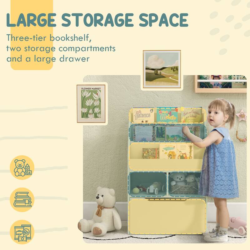 Kids Bookcase Multi-Shelf Rack Organizer with Storage Drawer for Books, Playroom, Pale Green