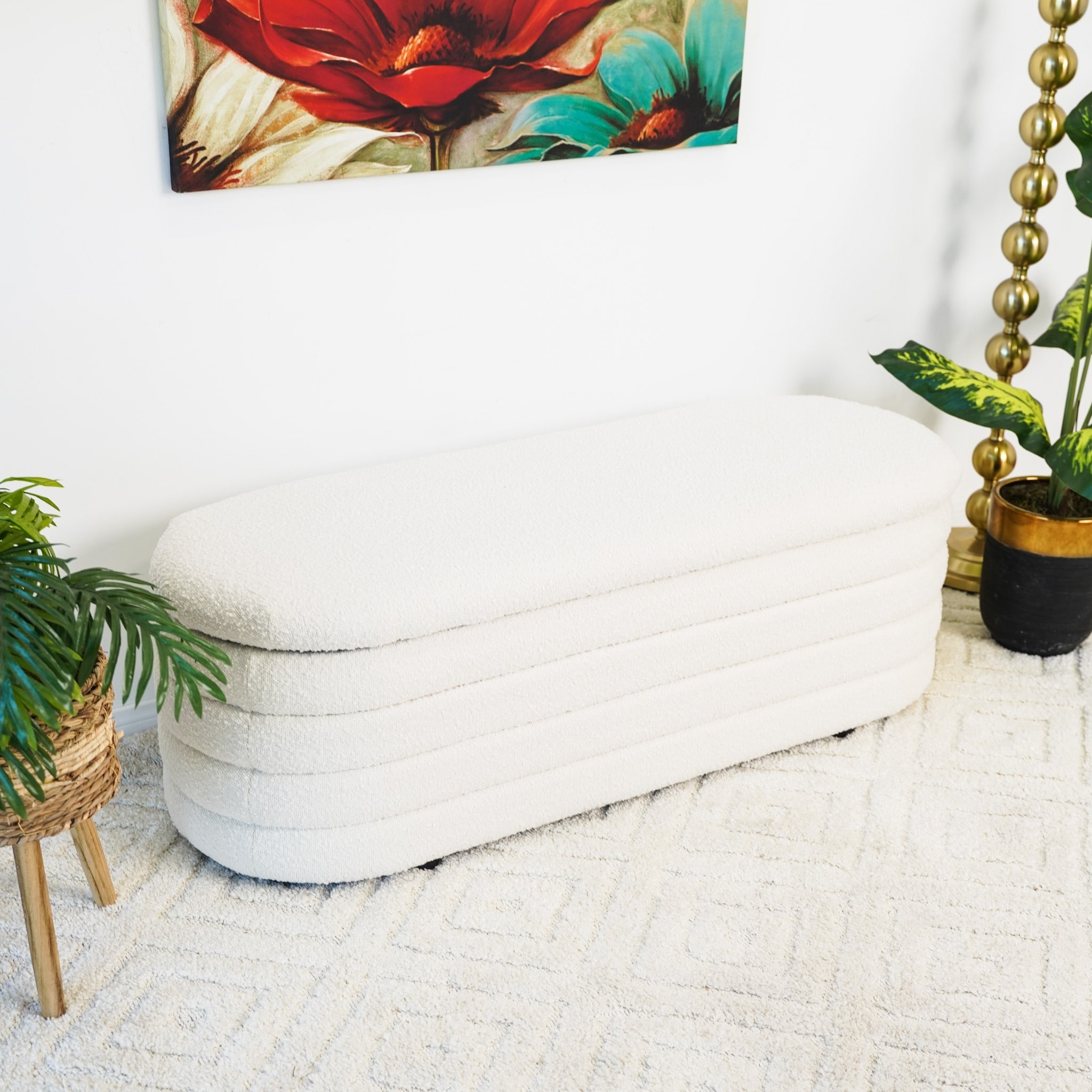 GDFStudio - Cabana Modern Plush Boucle Upholstery Storage Bench with Flip-Top Seat, Teak Wood Frame - 48.8"W
