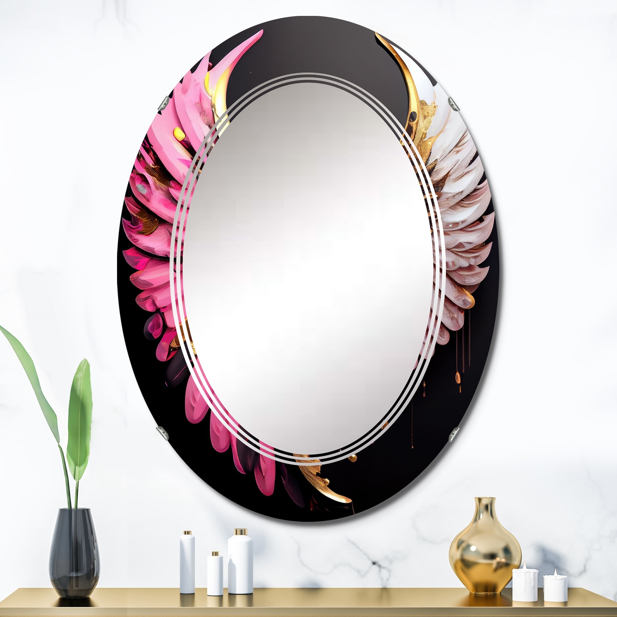 Designart 'Pink,Gold And Black Angel Wings III' Printed Wings Angel Wall Mirror