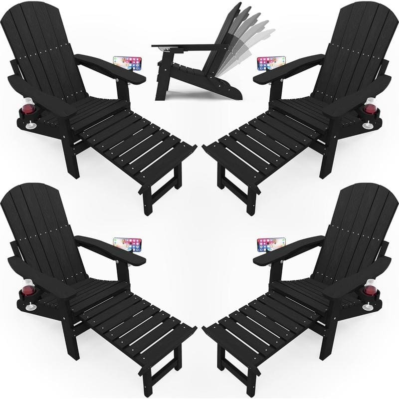 WINSOON All Weather HIPS Folding Adirondack Chair with Ottoman, 5-Gear Adjustable Backrest and Retractable Ottoman Set of 4
